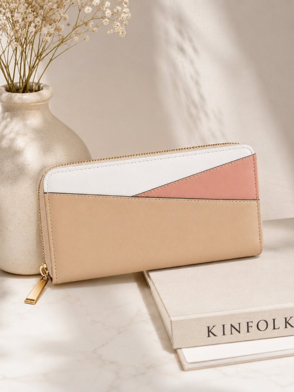 Neutral Colorblock Tan Pink White Zip Around Wallet Clutch 8x4